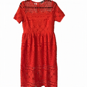 Boo Hoo orange corded lace panel crochet skater dress. Size 6.